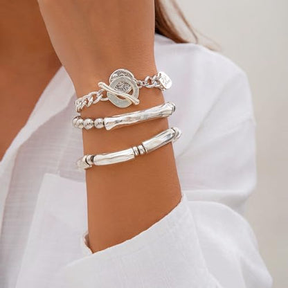 Jumwrit 3pcs Boho Layered Beaded Bracelets Set for Women Dainty Stretch Elastic Round Ball Beads Tube Chunky Chain Bracelets Stackable Silver Toggle Cuban Link Bracelets Trendy Jewelry