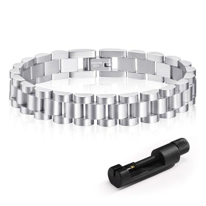 MPRAINBOW 2pcs 18K Gold Plated Chain Link Bracelet, Stainless Steel Crystal Friendship Bracelets Bangle,Watch Band Chains Wristband Jewelry with Adjust Tool - color: Silver-18cm