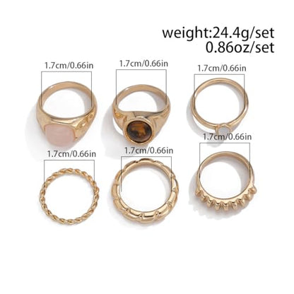 Rrdaily 14K Gold Plated Stackable Knuckle Rings Set for Women Trendy Chunky Simulation Gemstone Signet Rings Dainty Midi Finger Rings Pack Aesthetic Statement Jewelry for Bridesmaid Wedding Gifts - style: 6 Pcs Gold