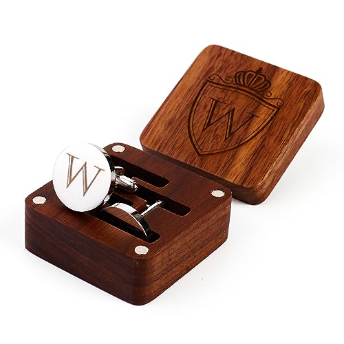 Mens Initial Silver Cufflinks A-Z Alphabet Letter Steel Cuff Links with Engraved Walnut Wood Box Groom Groomsman Wedding Set… - style: W