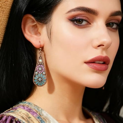 Bohemian Crystal Teardrop Dangle Earrings, Copper, Tribal Geometric Design, Handmade National Style for Women - color: Fugu-4PCScopperstyledrops