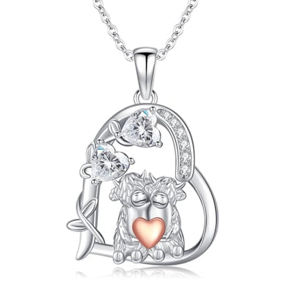 Heart Animal Necklace 925 Sterling Silver Cute Animal Pendant Jewelry Birthday Gifts for Women Girlfriend Mom Animal Lovers - style: 3-3 Highland Cow