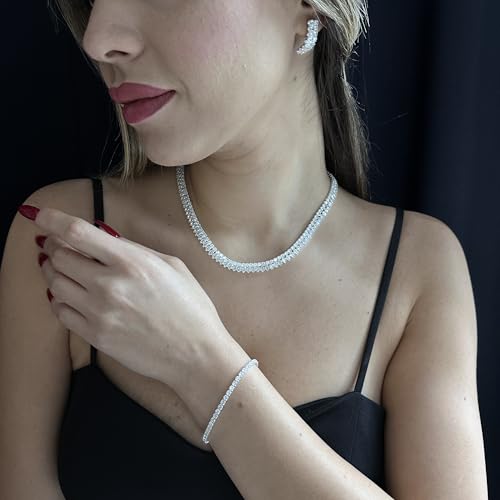 Bride Jewelry Set Silver Crystal Wedding Necklace Earrings Bracelet Set - Bridal Rhinestone Brass Pendant Accessories for Women and Bridesmaids - style: Jewelry Set 03