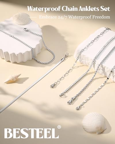 Besteel Ankle Bracelets for Women Waterproof 14K Gold Plated Anklets Set | Non Tarnish Stainless Steel, Plus Size Adjustable 8-12 Inch, Hypoallergenic Layered Cuban Link Chain Summer Foot Jewelry Gift - style: 6 Pcs Steel Tennis-8.5+2.5 Inch