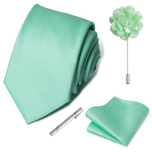 joy alice 30 Colors Solid Ties for Man Pure Color Men's Tie Set with Lapel Pin Pocket Square Tie Clip - color: Mint
