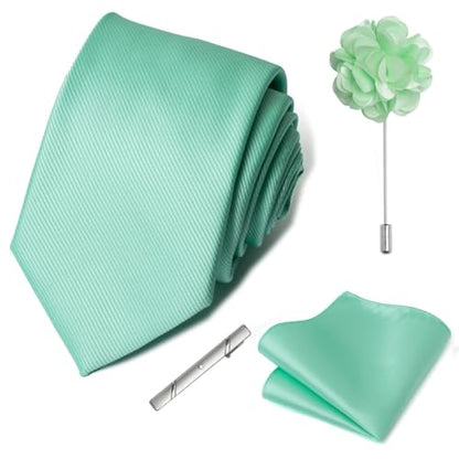 joy alice 30 Colors Solid Ties for Man Pure Color Men's Tie Set with Lapel Pin Pocket Square Tie Clip - color: Mint