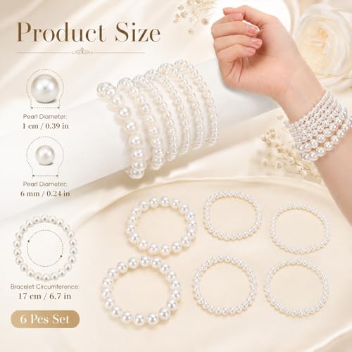 6Pcs Pearl Bracelets for Women, Boho Pearl Bracelet Stack Adjustable Stretch Simulated Pearls Beaded Bracelet for Bridesmaid Bridal Wedding