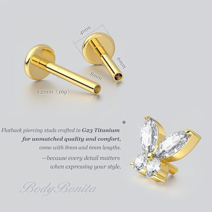G23 Titanium 16G Tragus Conch Piercing Jewelry Flat Back Stud Earrings | Hypoallergenic CZ Nose Dangle Helix Medusa Lip Labret Body Piercing Jewelry, 14K Gold Plated, Silver, 6 and 8 mm Post Length - color: Butterfly CZ-14K Gold
