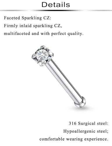 6Pcs Nose Rings Studs Surgical Steel L-Shape Nose Rings for Women 1.5mm Cubic Zirconia Nostril Screw Studs Hypoallergenic Nostril Piercings 24g 22g 20g - color: straight,silvertone, size: 24g,1.5mm CZ