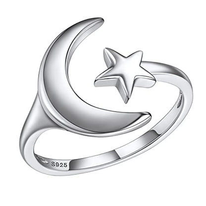 PROSILVER 925 Sterling Silver Adjustable Open Ring for Women, Solid Sterling Silver Stackable Ring, knuckle Finger Ring, Pinky Ring, Come with Box - style: 06 Moon and Star