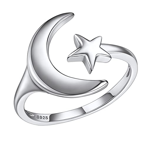 PROSILVER 925 Sterling Silver Adjustable Open Ring for Women, Solid Sterling Silver Stackable Ring, knuckle Finger Ring, Pinky Ring, Come with Box - style: 06 Moon and Star
