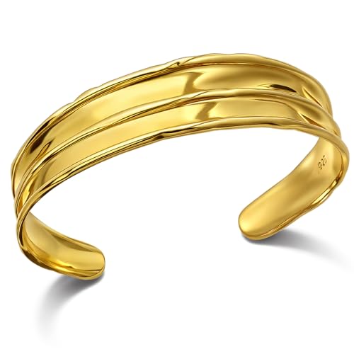 Irregular Hammered Wave Texture Cuff Bracelet for Women Open Bangle Hypoallergenic Jewelry Silver & Gold - color: Gold