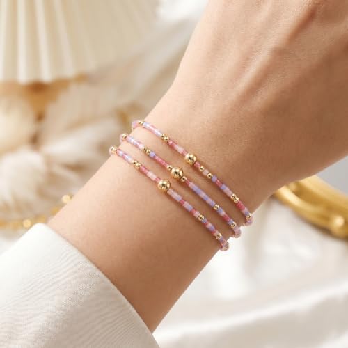 Small Seed Beaded Stack Bracelets Set for Women,Boho Handmade 3Pcs Colorful Glass Gold Stretch Accessories Jewelry, Summer Beach Wear Holiday Friendship Gift - color: Pink