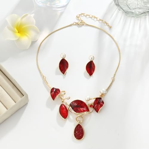 Vintage Statement Jewelry Set - Chunky Flower Floral Plant Geometric Resin Bib Necklace Earring Set Bohemian Boho Crystal Rhinestone Fashion Jewelry for Women Bridal Party Prom Unique Gift - style: MLJS2609-Red