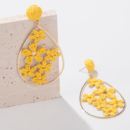 Boho Raffia Flower Teardrop Earrings Cute Colorful Dangle Trendy Jewelry | Floral Drop Statement Big Dangling Earring Hypoallergenic Gold Fun Unique Summer Spring Beach Vacation Outfits for Women - color: Yellow