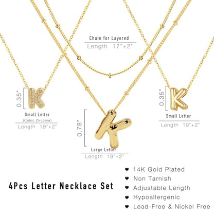 stino 4PCs Bubble Initial Letter Necklace Set, No Tarnish 14K Gold Plated Alphabet Pendant, Jewelry for Women - style: K