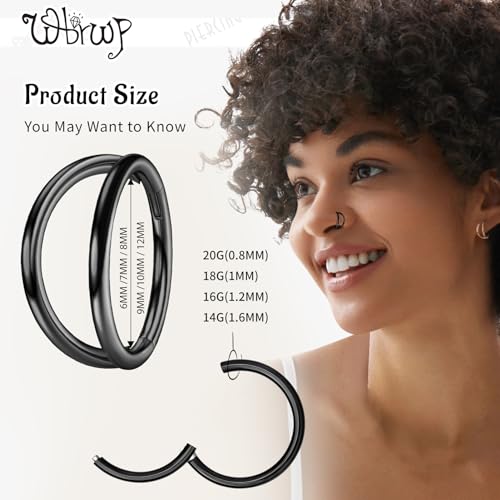 WBRWP 316L Stainless Steel Nose Hoop Rings Clicker with Zircon/Opal 14g-20g | Hypoallergenic Nose Rings Segment Clicker Lip Rings Cartilage Rook Conch Earrings Diameter 5mm-10mm - color: Double hoop black ring