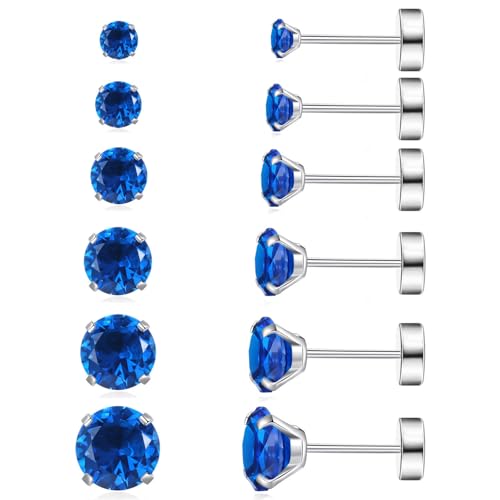 6 Pairs Surgical Steel Flat Back Earrings | CZ Stud Set | Hypoallergenic 316L Surgical Steel • Flat Back Threaded Studs for Cartilage, Helix & Lobe • 6 Mixed Sizes (3-8mm) - color: Flatback-Royal blue