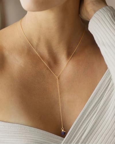 Lariat Necklace for Women Dainty Gold Long Crystal Drop Y-Shaped Necklace | 14k Gold Plated Crystal Drop Necklace Trendy Non Tarnish Simple Gold Jewelry For Wedding, Prom, Daily - color: Garnet