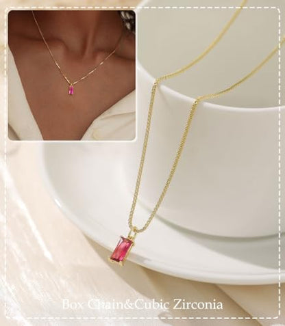 FUNEIA Diamond Necklaces for Women 14K Gold Plated Emerald Birthstone Necklace for Women Mothers Dainty Gold Necklace Blue Green Cubic Zirconia Pendant Necklace Birthday Gifts for Women Jewelry - color: 07. July(Ruby)