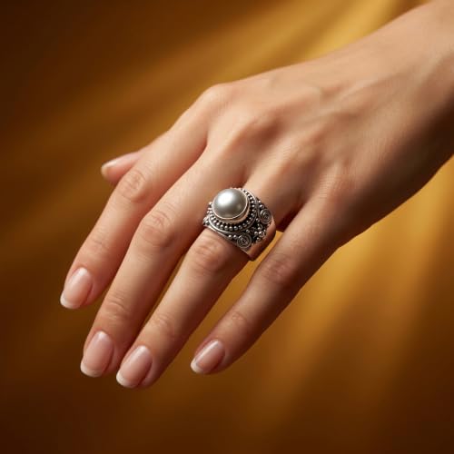NOVICA Artisan Handmade Cultured Pearl Flower Ring Sterling Silver Cocktail White Indonesia Birthstone [crownbezel 0.5 in L x 0.5 in W x 0.3 in H Band Width 10 mm W] ' White Frangipani'