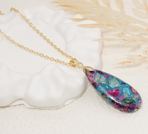 Stone Necklaces for Women Teardrop Gemstone Pendant Necklace Natural Stone Chain Necklaces - color: Blue Colorful Gold