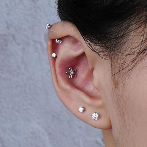FINE4U 1PC ASTM F136 Titanium 16G Flatback Stud for Tragus, Helix, Conch 6mm 8mm - Screw on Cartilage Earring Piercing Jewelry - color: Flower - Tit