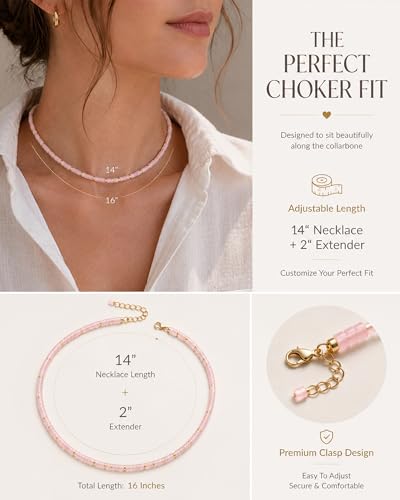 Natural Heishi Gemstone Choker Necklace for Women, Adjustable 15"+2" Beaded Layering Necklace, Coastal Beach Jewelry Gift for Her - color: Rose Quartz (Light Color)