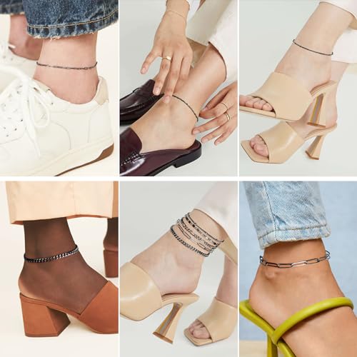 Gokeey Ankle Bracelets for Women Waterproof, 14k Gold Plated Jewelry Set Layered Cuban Figaro Link Chain Anklets Set Gold Anklets Summer Boho Beach Jewelry Gift Adjustable Size - color: Black