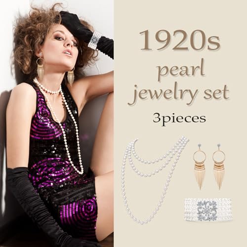 1920s Pearl Jewelry Set - Long Pearl Necklace, Earring Set, Multilayer Bracelet - Flapper Accessories for Women - color: Charming