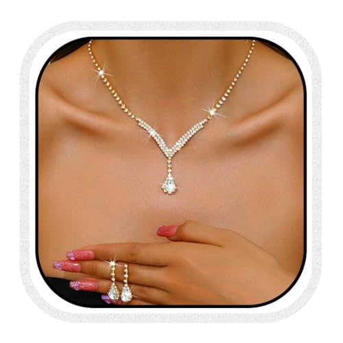 Bridal Wedding Jewelry Set Silver Rhinestone Necklace Earrings Sets Formal Costume Jewelry for Women and Brides - color: A-Gold