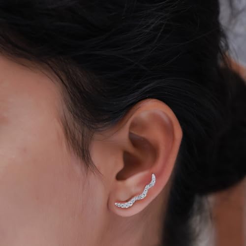 Round Cut White Cubic Zirconia Wave Shaped Ear Climbers Stud Earrings in 14K Gold Plated Sterling Silver With Push Back for her - color: rose-gold-plated-silver