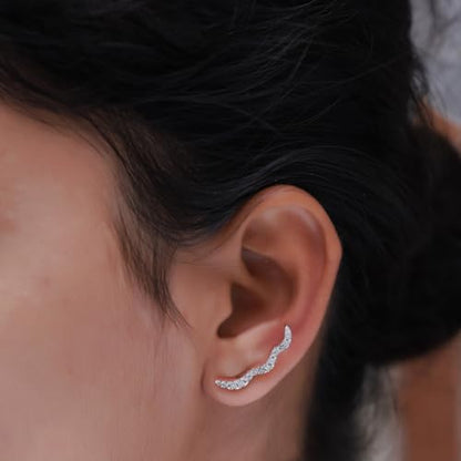 Round Cut White Cubic Zirconia Wave Shaped Ear Climbers Stud Earrings in 14K Gold Plated Sterling Silver With Push Back for her - color: rose-gold-plated-silver