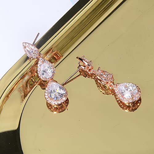 Women's Cubic Zirconia Bridal Earrings - Elegant Long Wedding Party Prom Earring for Bride Bridesmaids Crystal CZ Rhinestone Chandelier Statement Dangle Drop Earrings for Women - color: 14k rose gold plated
