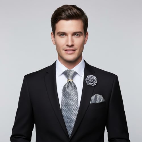 5PCS Mens Silk Tie, Pocket Square, Cufflinks, Drilled Tie Ring and Lapel Pin Set for Wedding Groom Party - color: Silver Gray Tie Set -105