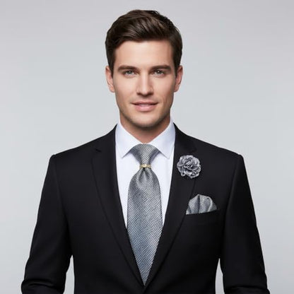 5PCS Mens Silk Tie, Pocket Square, Cufflinks, Drilled Tie Ring and Lapel Pin Set for Wedding Groom Party - color: Silver Gray Tie Set -105