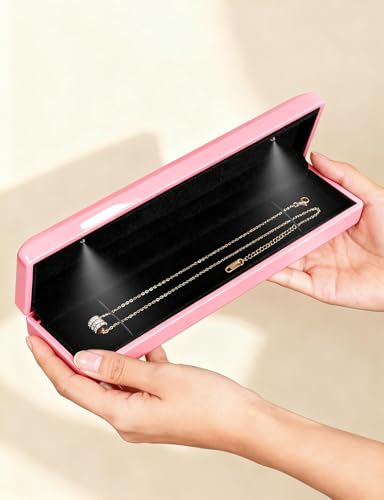Hatori Long Chain Necklace Jewelry Gift Box with LED Light, Bracelet Storage Case, Jewellry Display Box for Wedding, Engagement, Proposal, Birthday, Anniversary - color: Pink