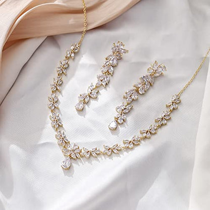Crysdue Women's Wedding Bridal Jewelry Set for Brides Bridesmaids Cubic Zirconia Flower Leaf Vine Necklace Dangle Earrings for Prom Party - style: 14-gold