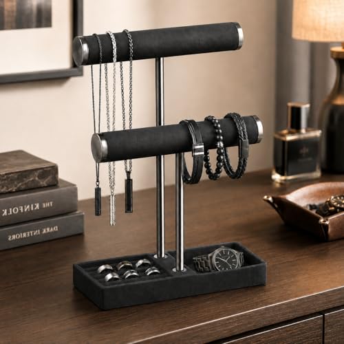 bussdis 2 Tier Bracelet Holder Display, Necklace Holder Organizer, Black | Velvet Necklace Holder | Jewelry Tree | Jewelry Towers | Jewelry Stand Organizer for Necklaces, Bracelets, Earrings, Rings - color: Black