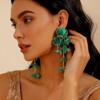 Fabric Flower Earrings for Women Colorful Long Tassel Floral Drop Earrings Fashion Boho Exaggerated Statement Beach Party Jewelry - color: green