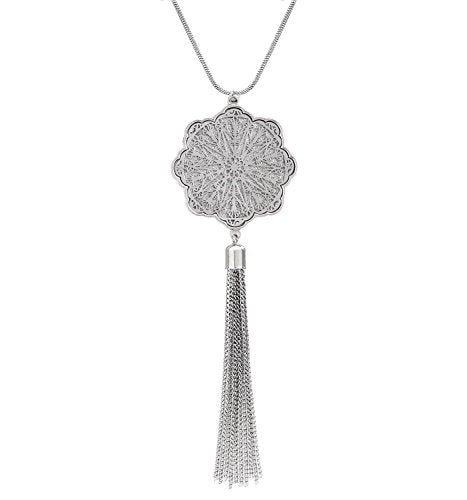 MOLOCH Long Necklaces For Woman Disk Circle Pendant Necklaces Tassel Fringe Necklace Set Statement Pendant - color: floral-shaped-silver