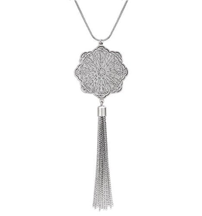 MOLOCH Long Necklaces For Woman Disk Circle Pendant Necklaces Tassel Fringe Necklace Set Statement Pendant - color: floral-shaped-silver