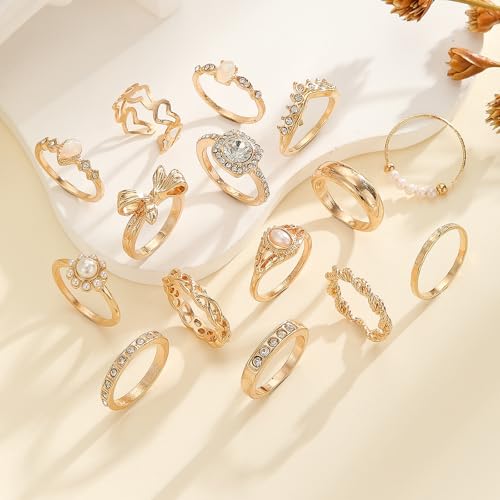 Gold Stackable Ring Set for Women, Dainty Fashion Rings Set with Pearl, Crystal, Heart, Bow and Wave Design, Trendy Midi Finger Rings Jewelry Gift - color: A1