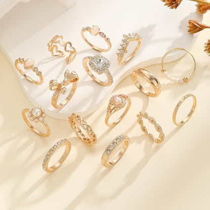 Gold Stackable Ring Set for Women, Dainty Fashion Rings Set with Pearl, Crystal, Heart, Bow and Wave Design, Trendy Midi Finger Rings Jewelry Gift - color: A1