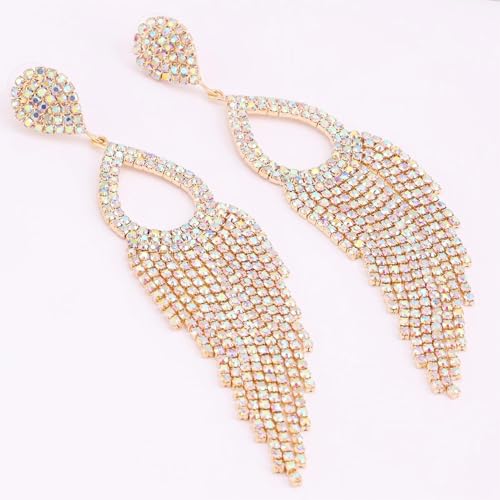 BaubleStar Rhinestone Teardrop with Long Tassel Earrings Sparkly Dangle Earrings for Women - color: Gold