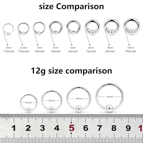 12G 10G 8G 6G 4G 2G 0G 00G Large Septum Rings Gauges Earrings Hoops 316L Surgical Steel Spring Action Captive Bead PA Ring CBR Septum Nose Rings Piercing Jewelry for Women Men - color: Silver, size: 12G=2mm Inner Dia: 1/2" (12mm)