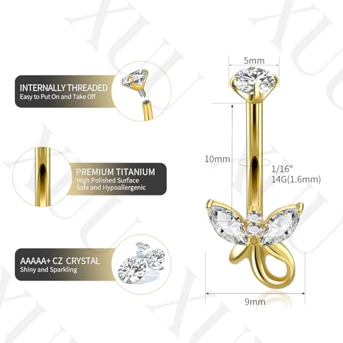 XUU Titanium Belly Button Rings 14G, Implant-Grade Navel Piercing, Luxury CZ Shape with Flower Butterfly, Hypoallergenic Curved Barbell Jewelry for Women, Gold or Silver - style: Butterfly Tail-Gold