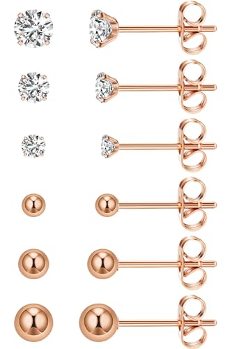 6 Pairs Extra Long Post Earrings Lightweight Small 316L Stainless Steel Stud Earrings for Women Hypoallergenic Cubic Zirconia Ball Ear Piercing Studs for Sensitive Ears - color: Rose Gold