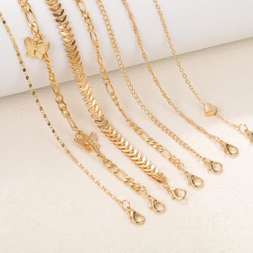 Adjustable Waterproof Layered Bracelets for Women Summer Beach Cuban Link Chain Anklets Set Herringbone Paperclip Beaded Snake Chain Stackable Anklet Stainless Steel Jewelry Bracelet - color: 7PCS-Gold