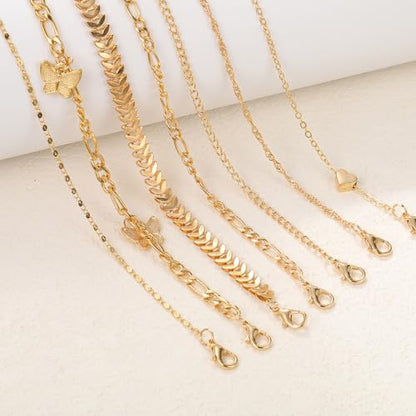 Adjustable Waterproof Layered Bracelets for Women Summer Beach Cuban Link Chain Anklets Set Herringbone Paperclip Beaded Snake Chain Stackable Anklet Stainless Steel Jewelry Bracelet - color: 7PCS-Gold